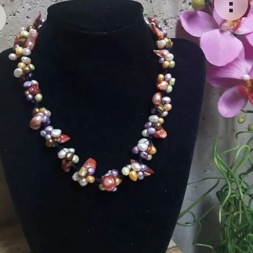 Multicolored Cluster Genuine Fresh Water Pearl Necklace - 16"